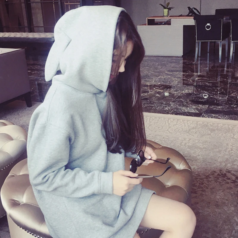 أزياء المرأة الأرنب الأذن مقنع هوديس الصلبة طويل فضفاض بلوفرات أزياء المرأة الأرنب الأذن مقنع هوديس الصلبة طويل فضفاض بلوفرات