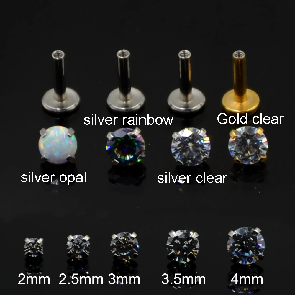 1Pc 2-4mm Surgial Steel Internally Thread Opal Zircon Stone Labret Lip Stud Ear Cartilage Helix Studs Piercing Body Jewelry 16g