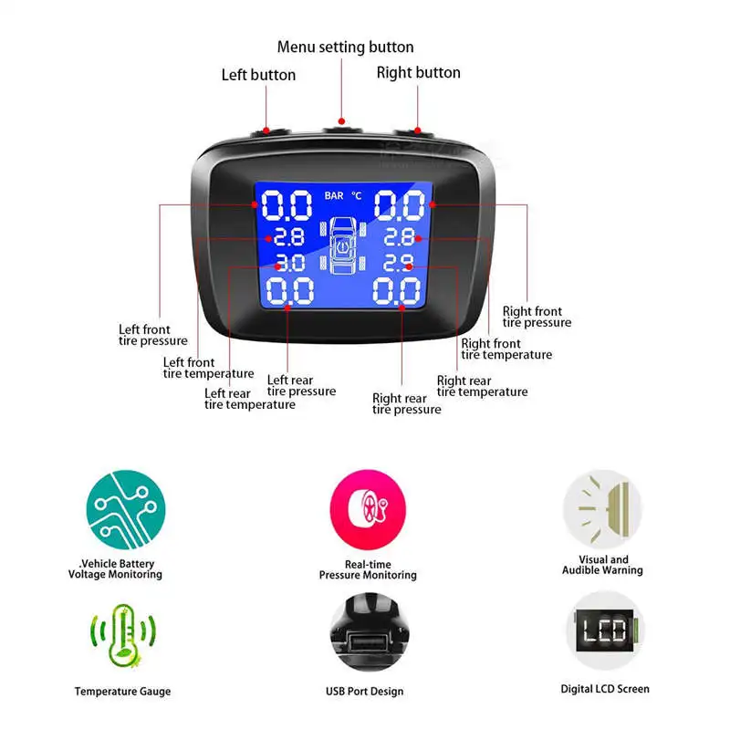 Система контроля давления в шинах Tpms с Usb разъемом в мониторе, разъем прикуривателя, универсальная беспроводная автомобильная сигнализация Lc