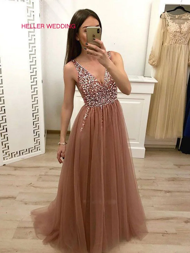 

Glamorous Crystal Beaded Evening Prom Dress A Line V Neck Floor Length Sparkly Prom Dresses Vestidos De Fiesta Baratos