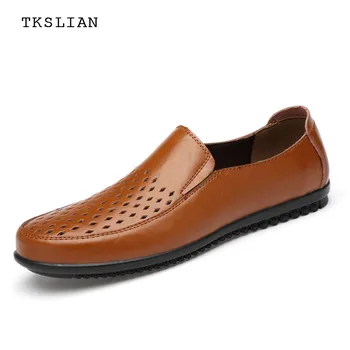 

Men's flats Summer driving casual shoes men slip on leather loafers men mesh Holes breathable shoes male rubber sole size 47