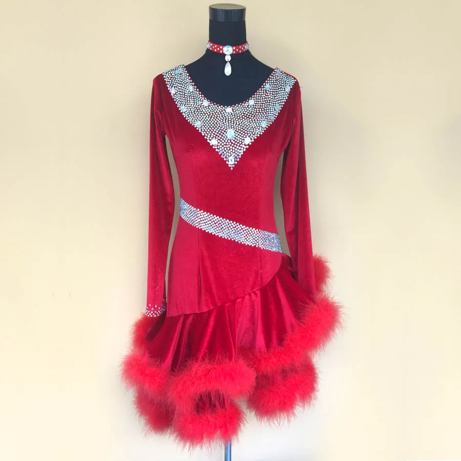 

New style latin dance costumes sexy senior velvet diamond long sleeves latin dance dress for women latin dance dresses S-4XL