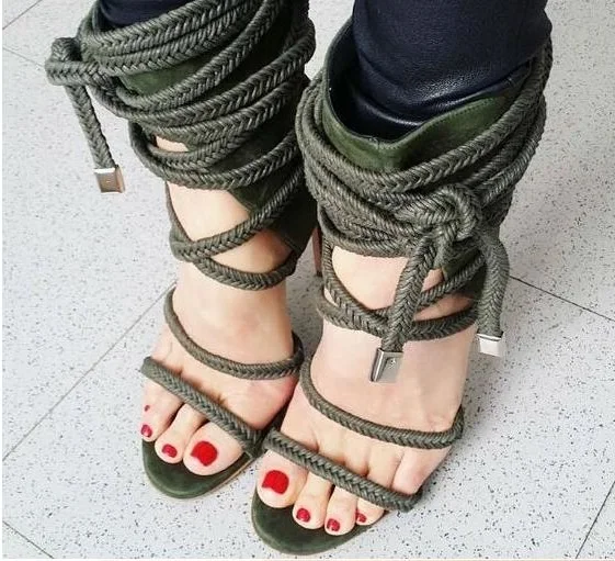 Sexy Green Rope Braided High Heel Sandals Women Summer Dress Shoes Cut