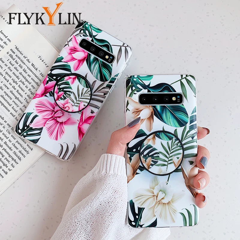

FLYKYLIN Art Leaf Flower Case For Samsung Galaxy S8 S9 S10 Plus S10e Back Cover on IMD Silicone Phone Coque with Holder Stand