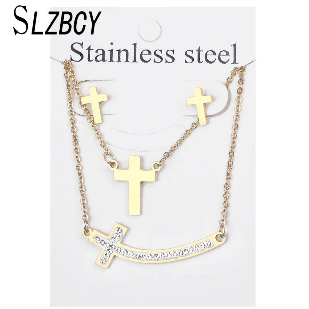 

SLZBCY Rhinestones Jesus Cross Stainless Steel Jewelry Set Women Gold Color Love Heart Double Layer Chain Necklace Earrings Sets