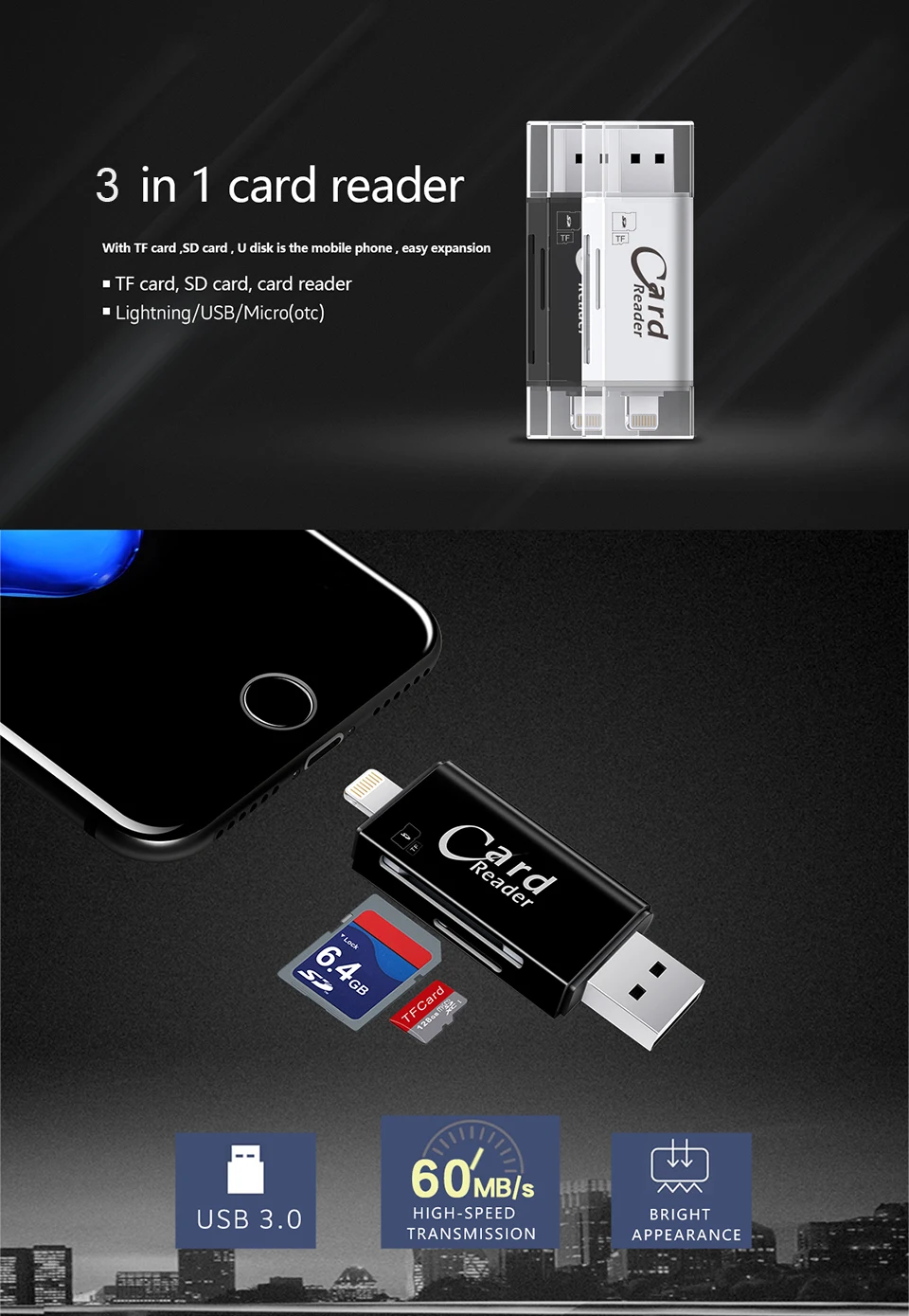 3 в 1 SD TF кард-ридер Lightning Micro USB 2,0 3,0 совместимый адаптер портативный кард-ридер для iPhone samsung huawei