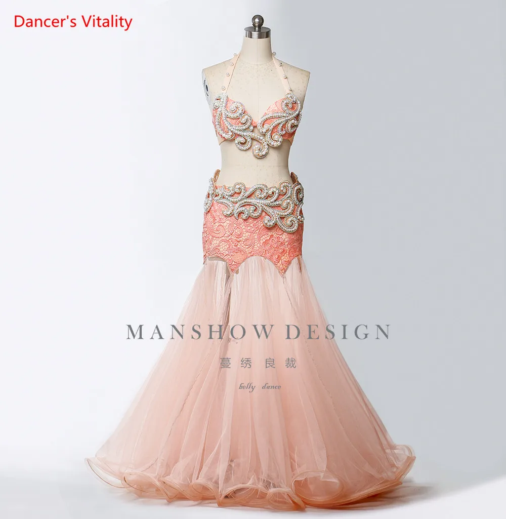 

Adult Kids Belly Dance Suit Senior Handmade Diamond Bra and Mesh Fishtail Skirt 2pcs Sets For Women Dancing Performance Costume
