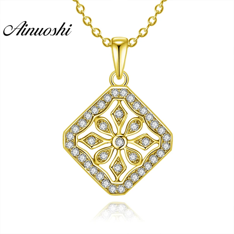 

AINUOSHI 10K Solid Yellow Gold Pendant Square Pattern Pendant SONA Diamond Women Men Jewelry Flower Design 2.2g Separate Pendant