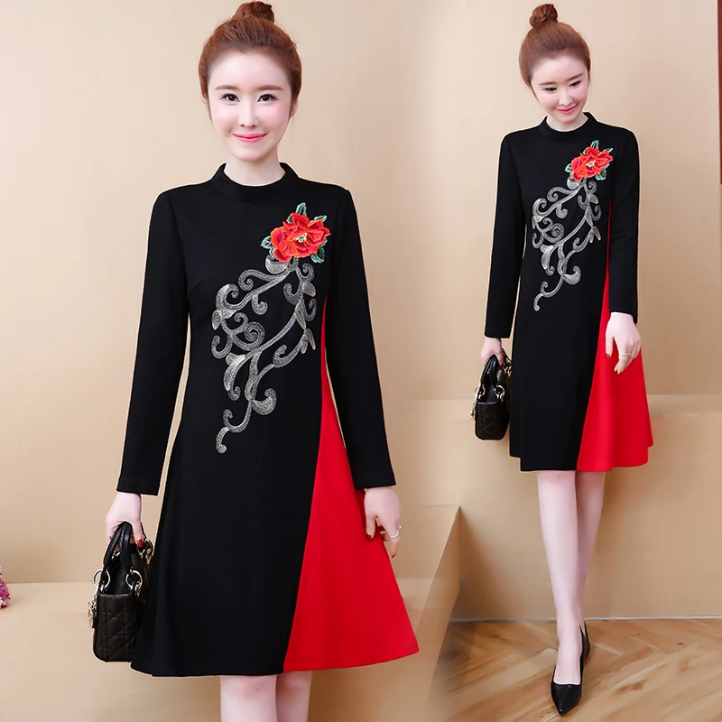 Платье трапециевидной формы с цветочной вышивкой размера плюс для женщин; сезон весна-осень; элегантное офисное платье в винтажном стиле; Vestidos; Цвет черный, красный;