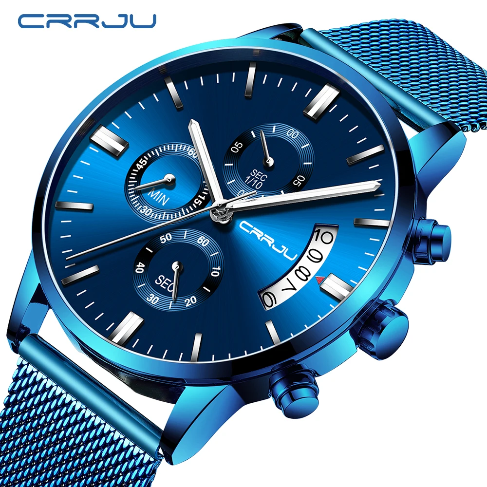 

CRRJU Creative Mesh Band Quartz Watch Casual Men Stainless Steel Chronograph Calendar Wristwatches Relogio Masculino