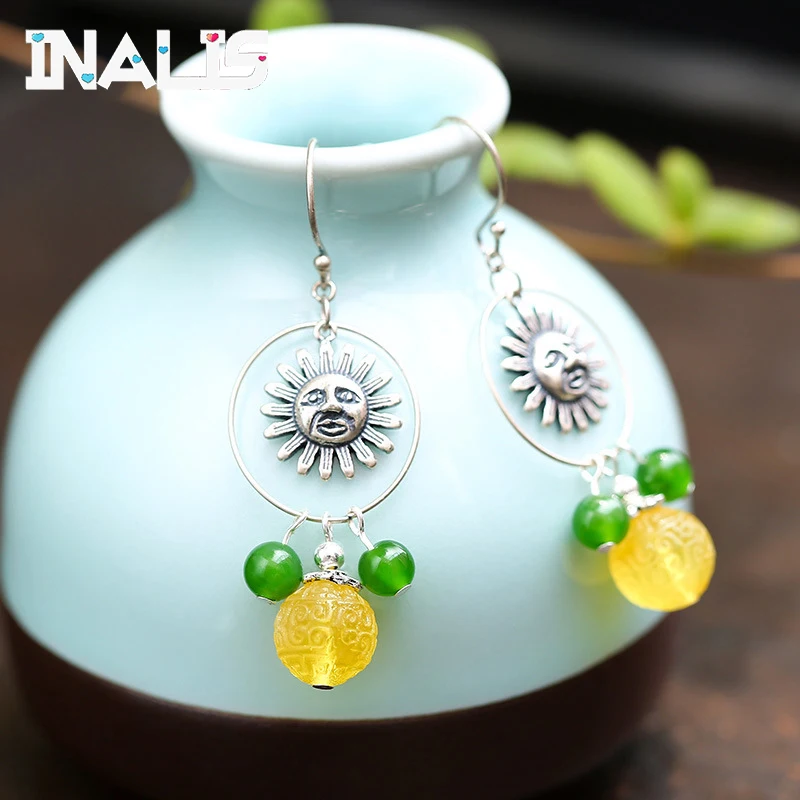 

INALIS Statement Luxurious 925 Sterling Silver Big Drop Earrings Round Circle Sunflower Shape with Jasper Beeswax Dangle Brincos
