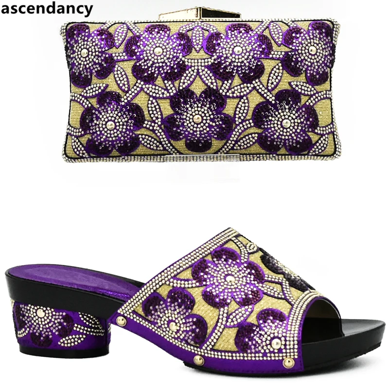 

Latest Purple Color Italian Ladies Shoes and Bag Set Decorated with Rhinestone African Matching Shoes and Bags Italian In Women