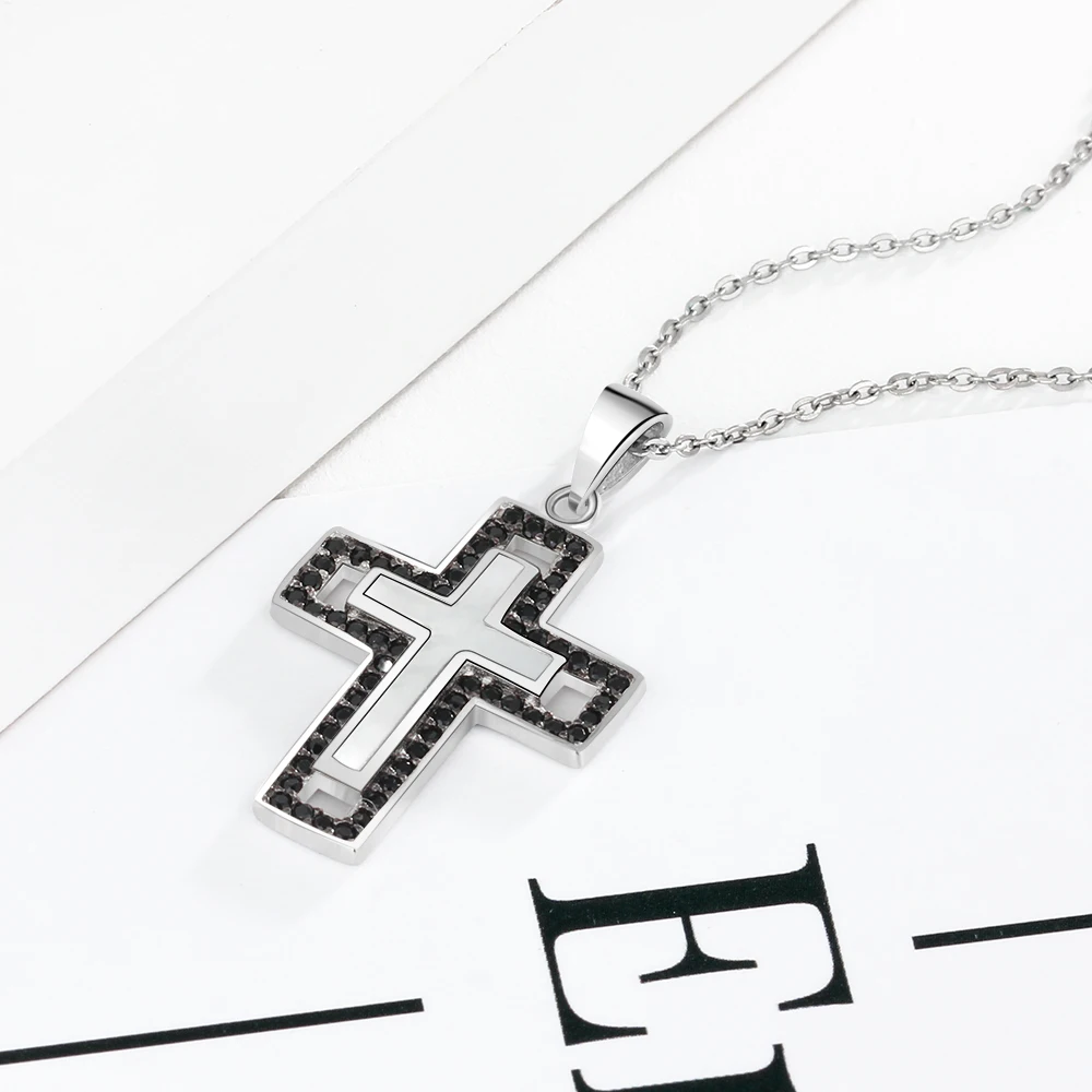 925 Silver Necklace Female For Women Cross Pearl Oysters Pendants Cubic Zirconia Jewelry Christian (Jewelora NE102575)