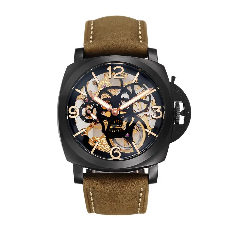 Parnis SKULL Seriers Luminous Mens Leather Watchband Fashion Mechanical Watch Wristwatch