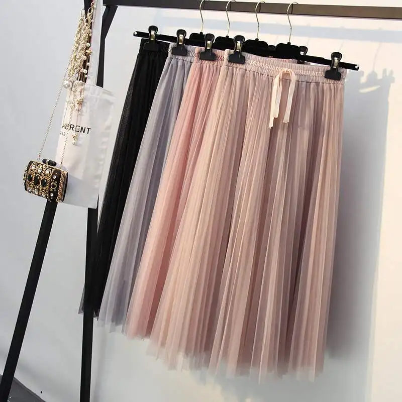 

2019 Spring Summer Women Skirts Chic High Waist A Line Long three lyers Tulle Skirt Mid Calf Pleated MIDI Skirt Female
