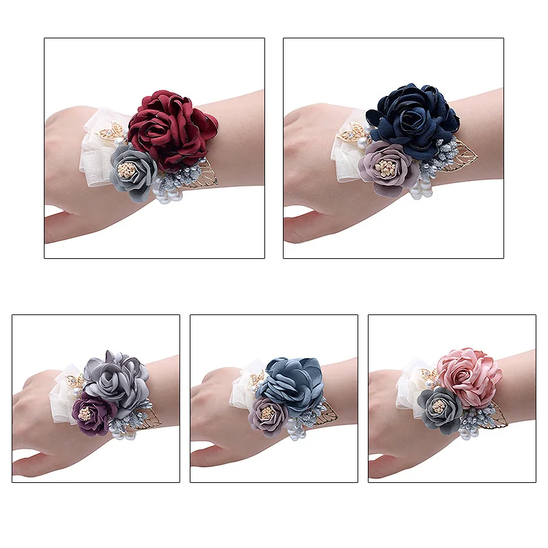 

Prom Cloth Artificial Rose Flower Party Wrist Flower Wedding Boutonnieres Bridesmaid Corsage Hand Flower For Marriage Accessorie