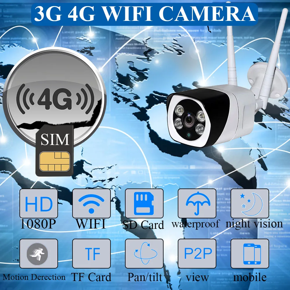 Открытый 3G 4G сим карты Камера Full HD 1080P Беспроводной Wi Fi IP Водонепроницаемый CCTV ИК