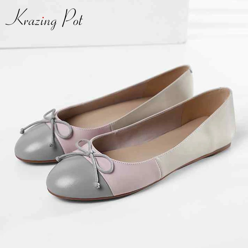 

Krazing Pot full grain leather shallow mixed color brand soft round toe casual slip on ballet dancer bowtie decoration flats L20