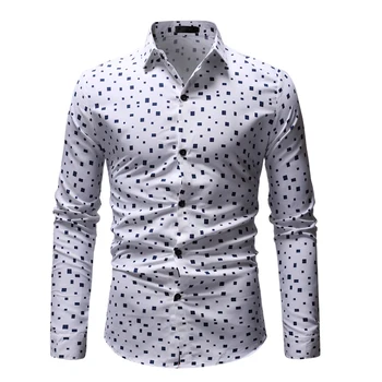 

MOGU Mens Spring New Polka Dot Long Sleeve Shirt No Pocket Hawaiian Slim Fit Social Smart Casual Dress Shirts 2 Colors Male Tops