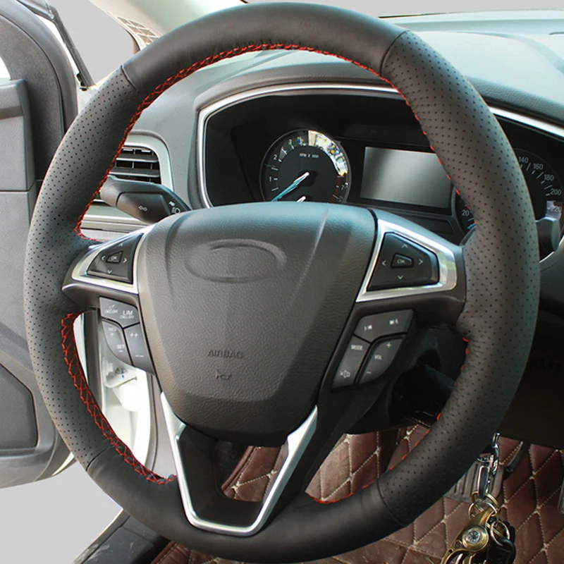 

Free Shipping High Quality cowhide Top Layer Leather handmade Sewing Steering wheel covers protect For Ford Edge/Mondeo