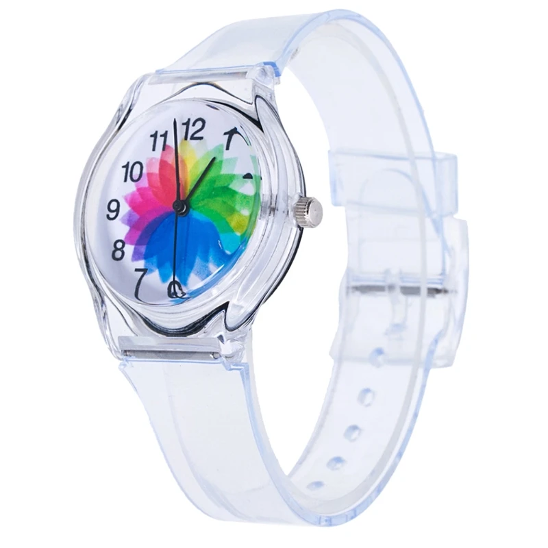 Прозрачные силиконовые разноцветные наручные часы с радужным циферблатом, кварцевые круглые часы для детей и женщин
