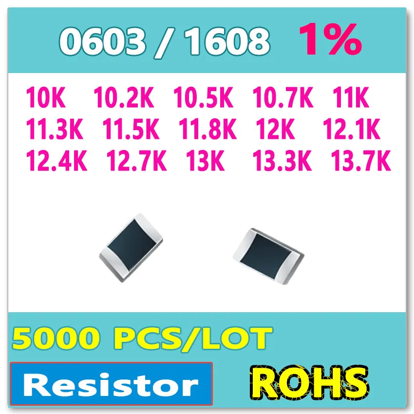 

JASNPROSMA OHM 0603 F 1% 5000pcs 10K 10.2K 10.5K 10.7K 11K 11.3K 11.5K 11.8K 12K 12.1K 12.4K 12.7K 13K 13.3K 13.7K smd 1608