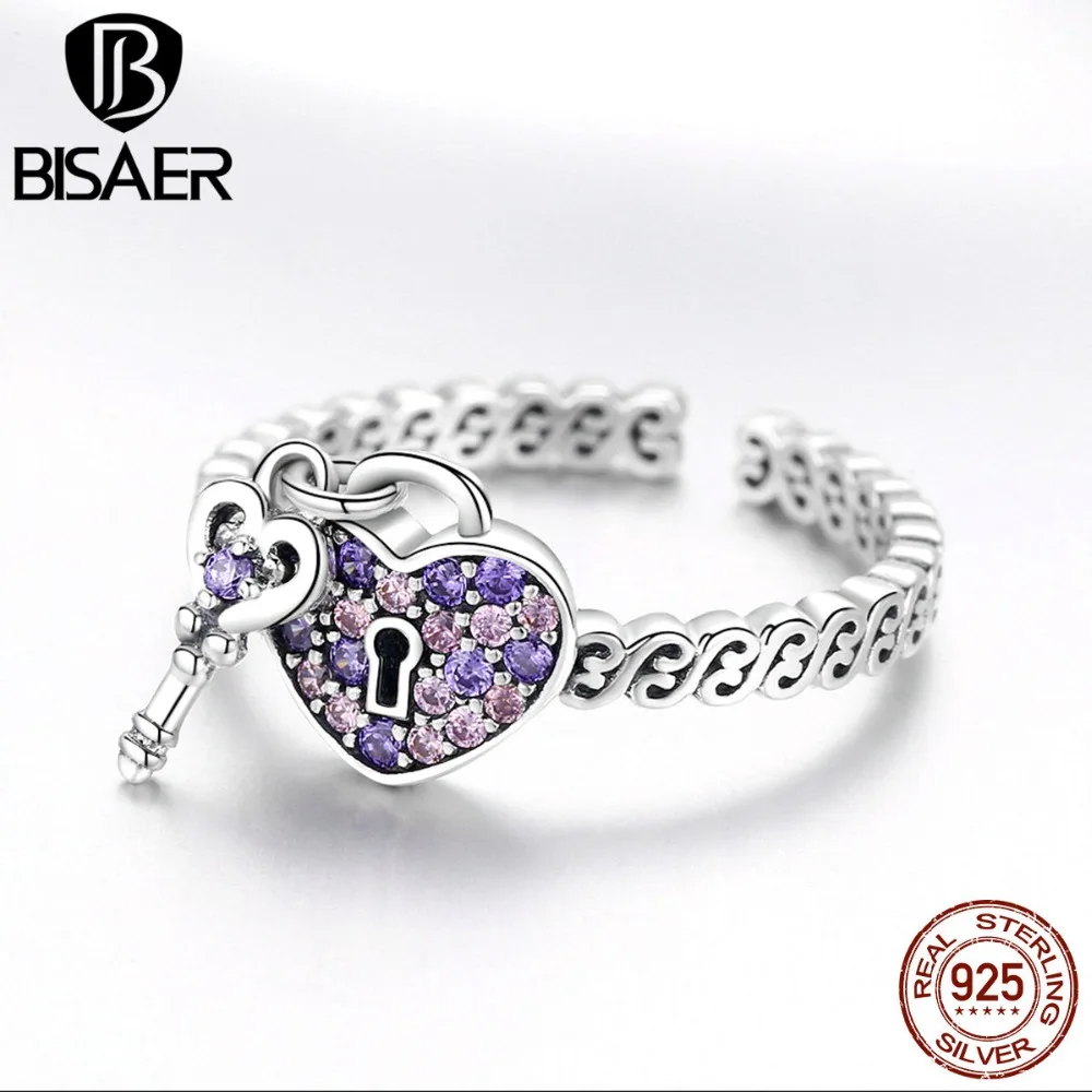 BISAER, брелок для ключей Love, 925 пробы, серебро, фиолетовый, CZ, любовь, сердце, ключ, регулируемые кольца на палец для женщин, свадебные ювелирные изделия, Anel ECR486