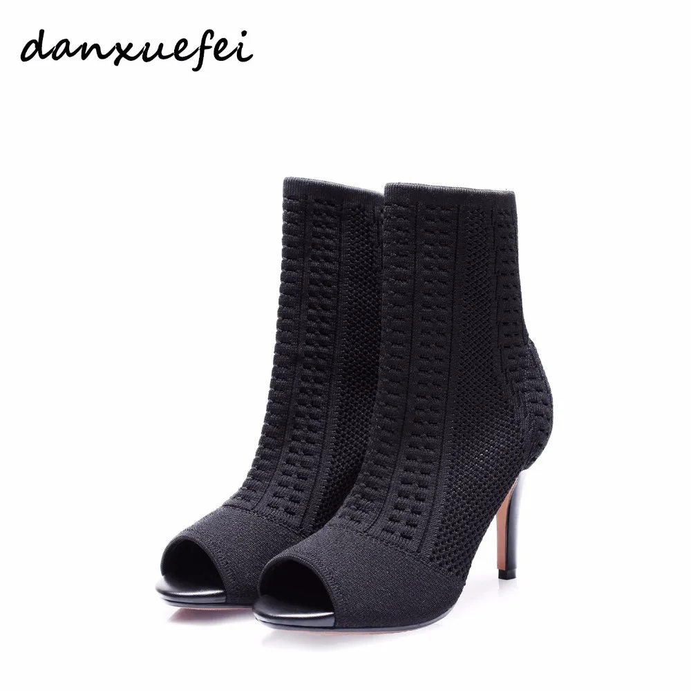 

2018 Spring new women's tretch knit high heel open toe ankle boots brand design elegant ladies slip-on black short booties shoes