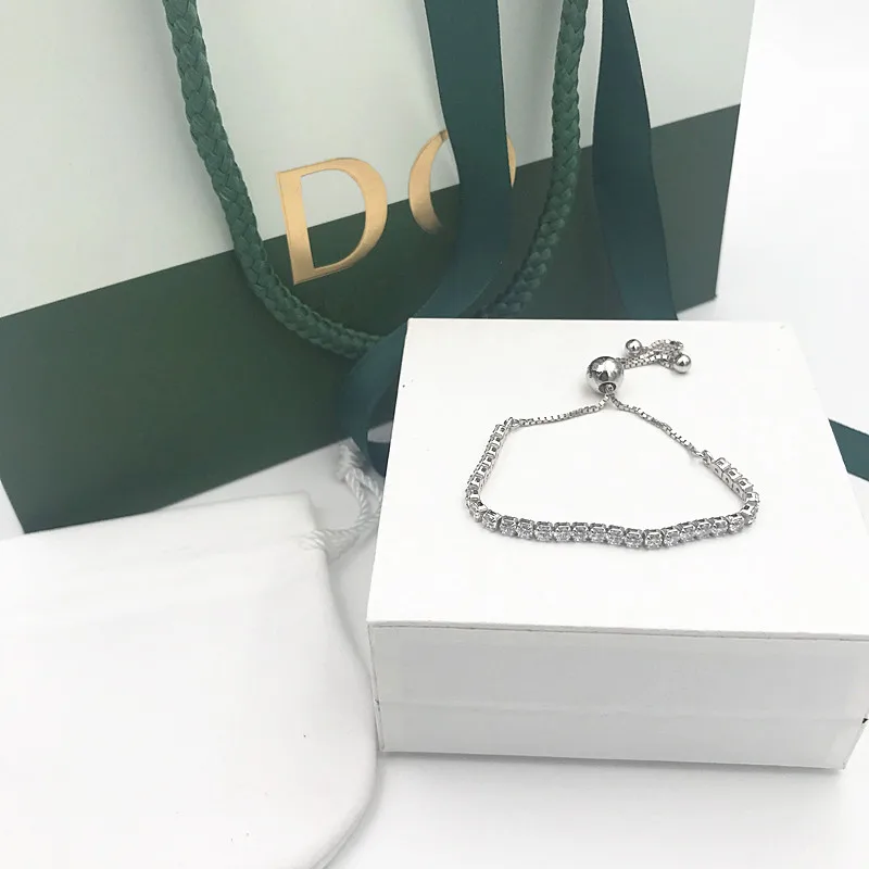 

NEW! Perfect Charm logo Engraved S925 silver chains women Sparkling Strand charms bracelet Bolo jewelry gifts for women