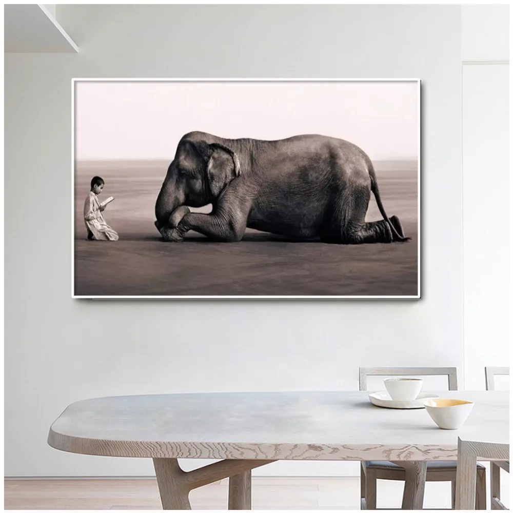 Modern Ashes and Snow Canvas Art Poster Print Painting Elephant And Child Meditation Wall