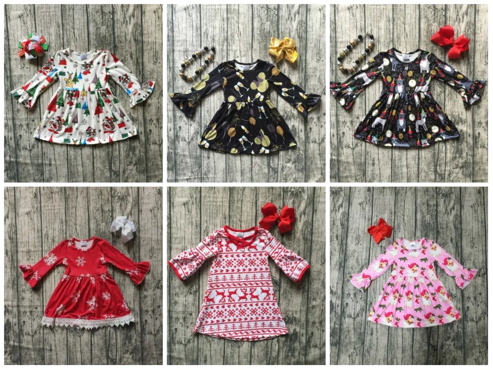 

Christmas girls children clothes baby cotton Fall/Winter new year mouse snowflare Santa plaid ruffle dress boutique match bow