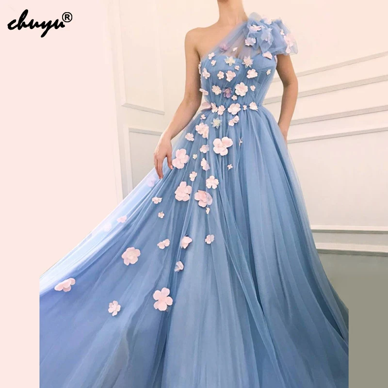 

Muslim Evening Dresses 2019 A-line One-shoulder Tulle Flowers Formal Islamic Dubai Saudi Arabic Long Elegant Evening Gown
