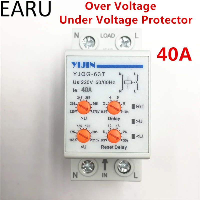 

1pc 40A 220V Din Rail Automatic Reconnect Over and Under Voltage Protection Protective Device Relay with Adjustable Button