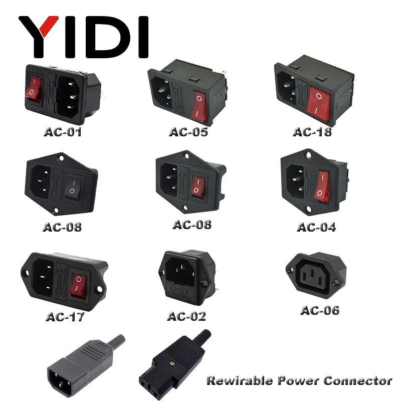 

IEC320 C14 inlet plug connector Power AC Socket 250V red lamp rocker Switch 10A fuse female rewirable power connector plug