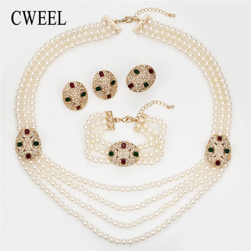 Preise CWEEL Perle Schmuck Set Für Frauen Äthiopischen Braut Dubai Indische Hochzeit Kostüm Gold Nigerian Luxus Halskette Schmuck