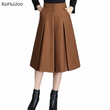 KoHuiJoo Высокая талия Толстая шерстяная юбка Женская линия юбка в складку Женская Повседневная Кнопка размера плюс винтажные длинные шерстяные юбки