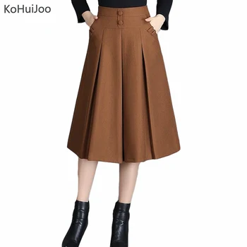 

KoHuiJoo High Waist Thick Wool Skirt Women A line Pleated Skirt lady Casual Button Plus Size Vintage Long Woolen Skirts