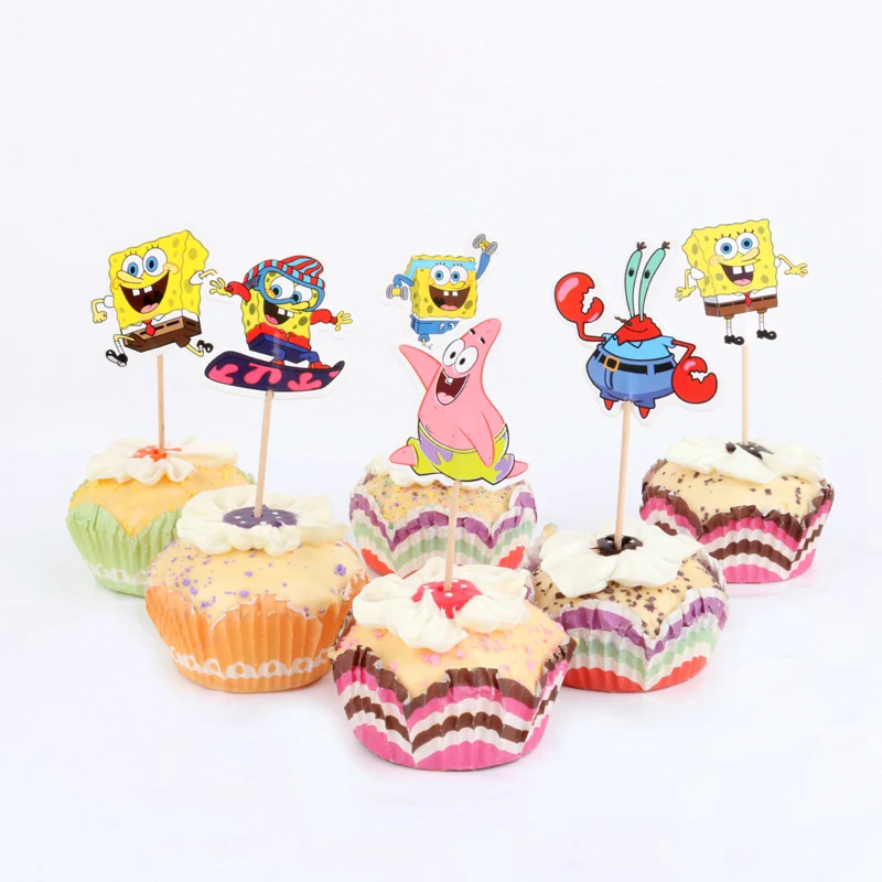 

24pcs SpongeBob Cupcake Toppers Ice Cream Candy Bar Pick With Bamboo Birthday Party Supplies Kids Baby Shower Decorations