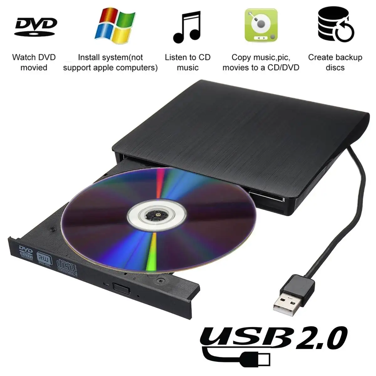 Внешний USB2.0 DVD RW CD писатель Тонкий привод горелки ридер плеер для ПК ноутбука