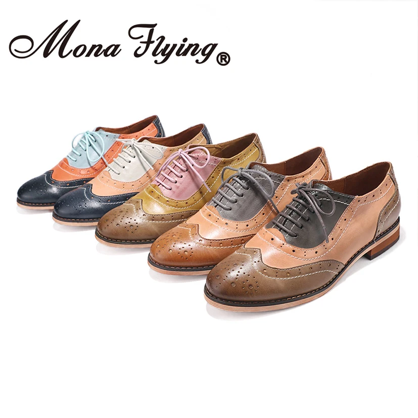 Mona flying Women's Leather Perforated Lace-up Oxfords Brogue Wingtip Derby Saddle Shoes for Girls Ladies Women 