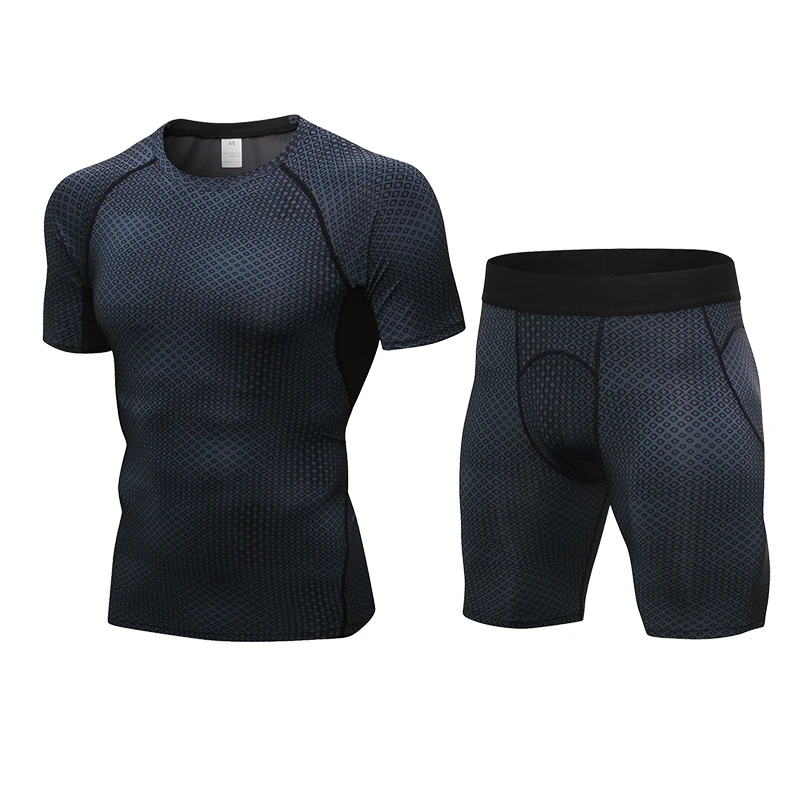 

Quick Dry Compression Men's Running Sets Fitness Sports Suits Short Sleeve Shirt+Shorts 2 pieces sets training suit sportswear
