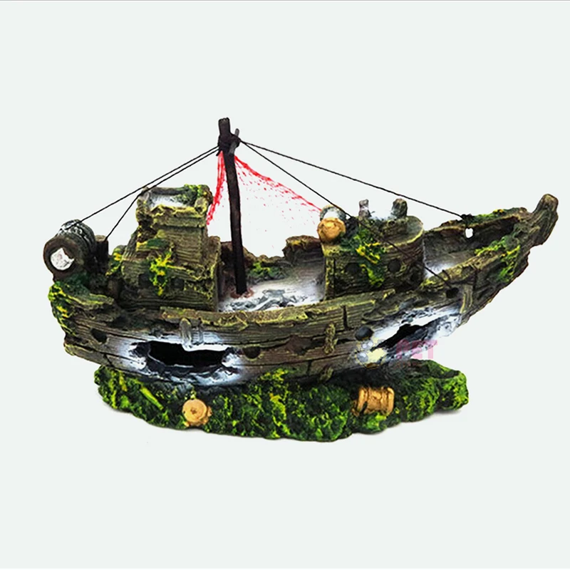 Aquarium Decor Fish Tank Resin Shipwreck Decoration Pirate Treasure Ship Fishing Net Ornament Accessories Statue For Fishes Hide7
