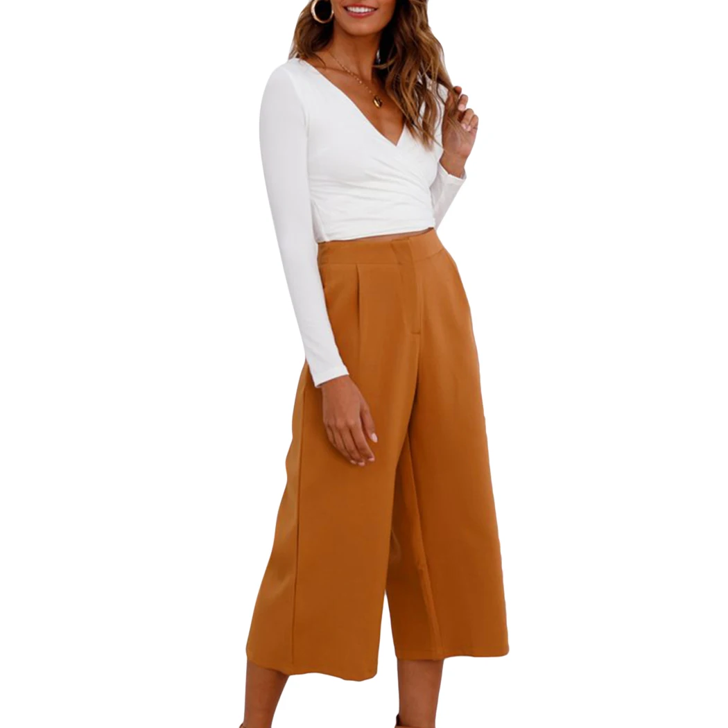 Women High Waist Wide Leg Pants 2018 Fashion Loose Calf-Length Elegant Solid Pockets Female Trousers Pantalon Femme | Женская одежда