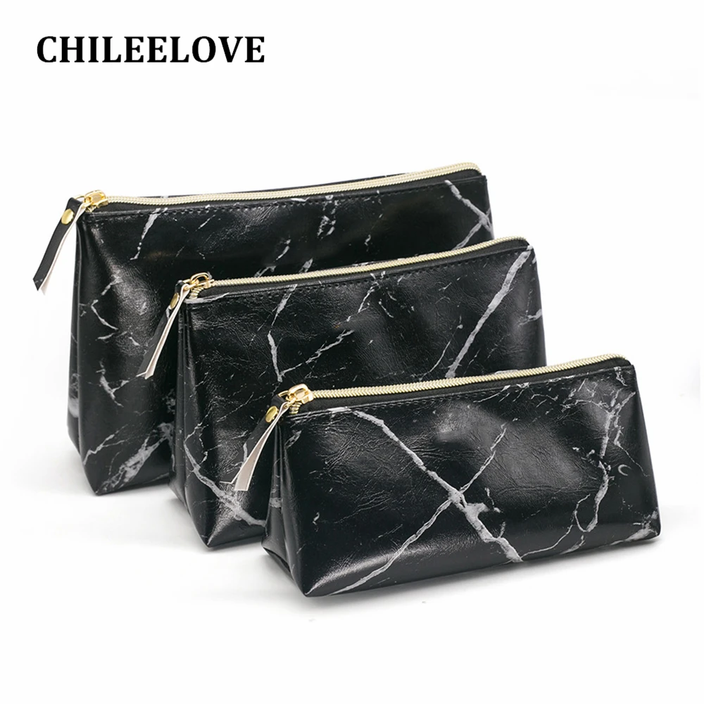 

CHILEELOVE Black Middle Large Size PU Marble Pattern Cosmetic Makeup Brushes Kit Bag Handbag Fashion Dumpling Bag High Capacity