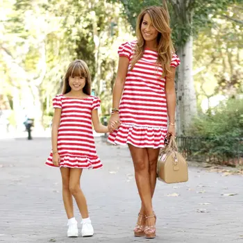 

Mother kids Mom and daughter dress striped mother daughter dresses Short sleeve Girl big sister family look matching clothes