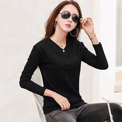 Shintimes Vetement Femme Новая женская футболка с длинным рукавом из бамбукового хлопка Корейская женская футболка Топ Vogue Camiseta Feminina - Цвет: black t shirt