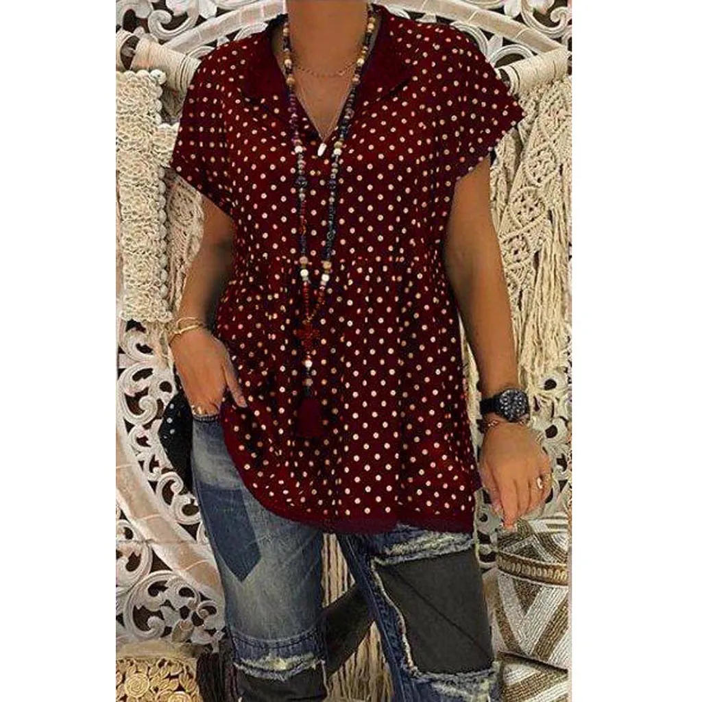 

Fashion Women Casual Fashion V-Neck Short Sleeve Dot-Intarsia Print Shirts Soild Top Vest Blouse Summer