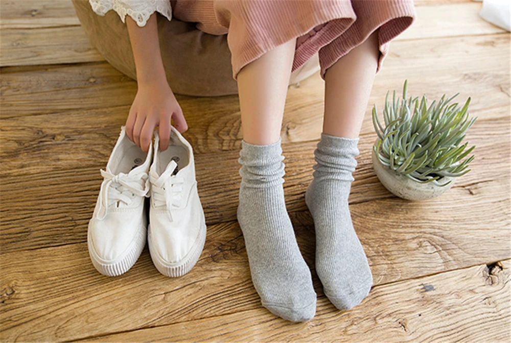 Простые высокие носки в японском и корейском стиле для школьниц, однотонные вязаные хлопковые длинные свободные носки с двойными спицами
