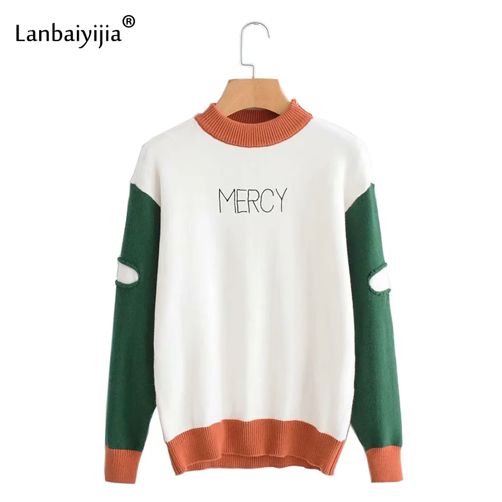 

Lanbaiyijia Newest Turtleneck Long Sleeve Contrast Color Letter Embroidery Women Sweaters Fashion Autumn Women Knitted Sweaters