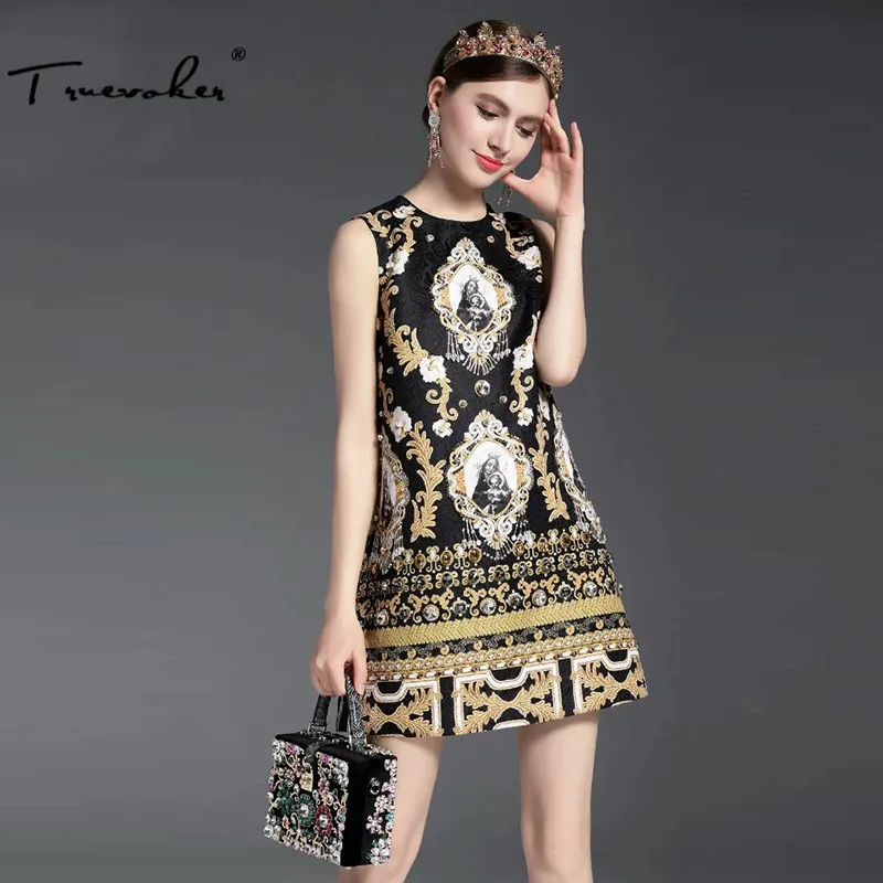 

Truevoker Summer Designer Dress Women's Hight Quality Sleeveless Vintage Baroque Gold Printed Embossed Beading Diamond Dress